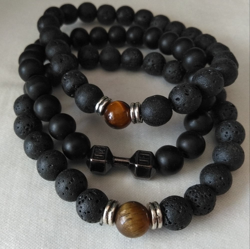 Black Beaded Bracelet Set with Brown Accents